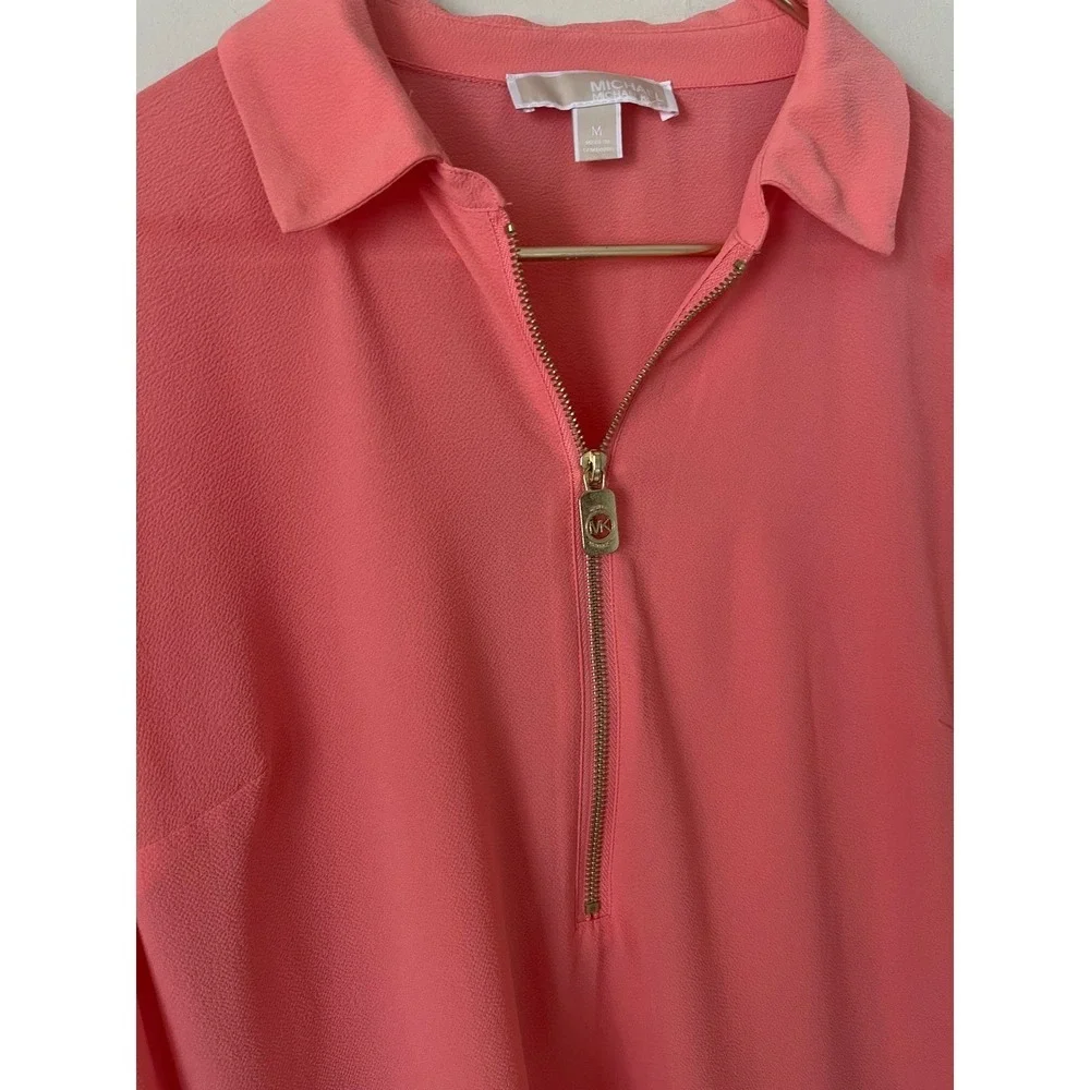 Michael Kors Womens Coral electric Pink Quarter Zip Bishop Sleeve Blouse Medium